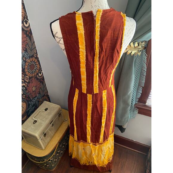 Marla Kim Tie Dyed Yellow & Rust Red Palm Tree Maxi Dress - Picture 3 of 9